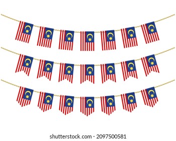 Malaysia flag on the ropes on white background. Set of Patriotic bunting flags. Bunting decoration of Malaysia flag