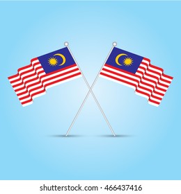 Malaysia flag with pole vector illustration in waving form on light blue background