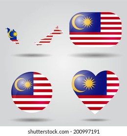 Malaysia flag set in map, oval, circular and heart shape.