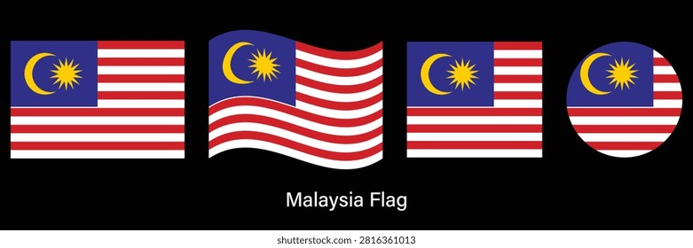 Malaysia Flag Set with Waving, Circle and Rectangle Shapes Vector Illustration