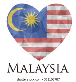 Malaysia flag shape heart in geometric rumpled triangular low poly origami style graphic illustration,mosaic polygonal style.Symbol of love to country.Retro or vintage style background.