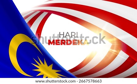 Malaysia flag theme red white strips wavy ribbon flow design on white background, yellow crescent, star on blue. Hari Merdeka text, Malaysia Independence Day text, color line flyng effect design