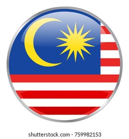 Malaysia flag vector icon. Isolated round glass glossy glow button with national flag of the Malaysia. National Flag with Official colors. Web design button. Sign for product origin. Made in symbol.