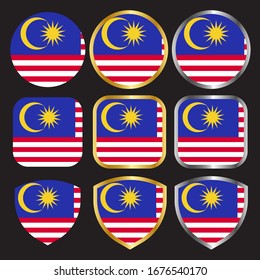 malaysia flag vector icon set with gold and silver border