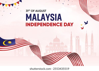 Malaysia Flag Waving On Skyline Background. Independence Day Concept Design Vector Illustration.