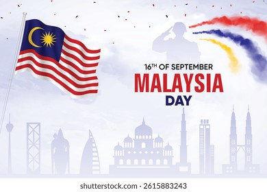Malaysia Flag Waving On Skyline Background. Malaysia Day Concept Design Vector Illustration.