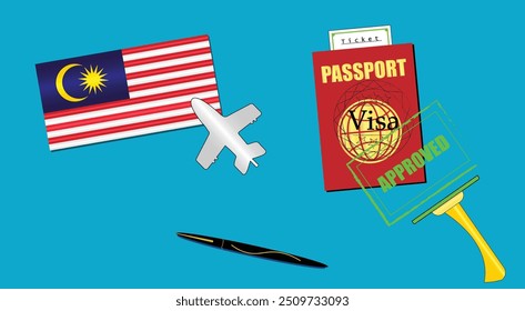 Malaysia flag with white plane icon. Passport with visa approved stamp. Black stylish Pen. Malaysian Travel poster. Editable vector EPS available