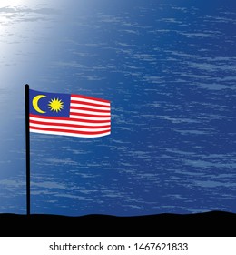 Malaysia flagpole on mountain. Flat vector illustration.
