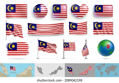 Malaysia flags of various shapes and geographic map set. Realistic Malaysian flags, glossy buttons in patriotic colors, highly detailed map and globe with identification pin vector illustration