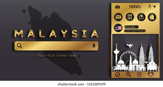 Malaysia with Gold Travel postcard, poster, tour advertising of world famous landmarks in paper cut style.