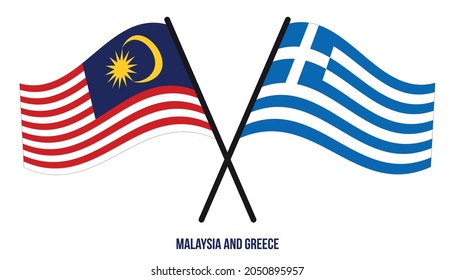 Malaysia and Greece Flags Crossed And Waving Flat Style. Official Proportion. Correct Colors.
