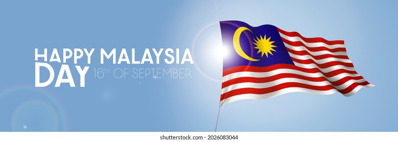 Malaysia happy day greeting card, banner with template text vector illustration. Malaysian memorial holiday 16th of September design element with 3D flag with stripes