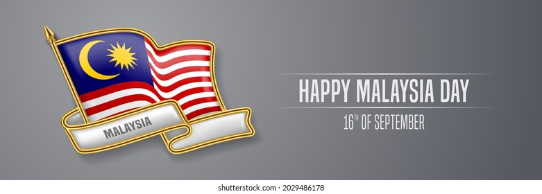 Malaysia happy day greeting card, banner vector illustration. Malaysian national holiday 16th of September design element with 3D pin with flag