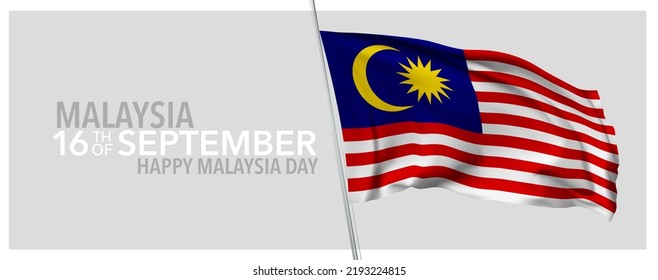 Malaysia happy day greeting card, banner with template text vector illustration. Malaysian memorial holiday 16th of September design element with 3D flag with stripes