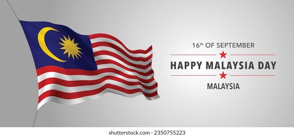 Malaysia happy day greeting card, banner with template text vector illustration. Malaysian memorial holiday 16th of September design element with 3D flag with stripes