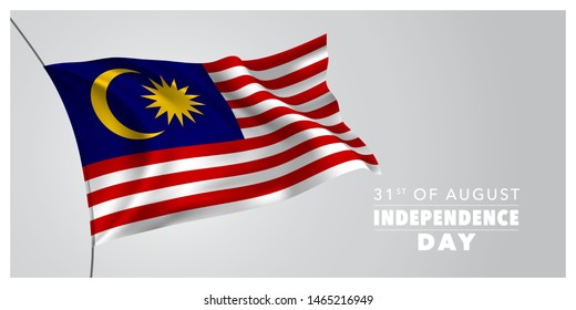 Malaysia happy independence day greeting card, banner, horizontal vector illustration. Malaysian holiday 31st of August design element with waving flag as a symbol of independence 