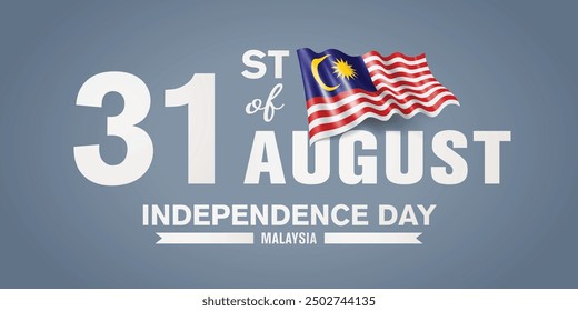 Malaysia happy independence day greeting card, banner with template text vector illustration. Malaysian memorial holiday 31st of August design element with 3D flag with stripes