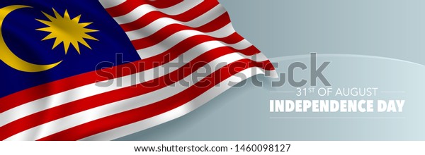 Malaysia happy independence day vector banner, greeting\
card. Malaysian wavy flag in 31st of August national patriotic\
holiday horizontal design\
