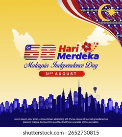 Malaysia Hari Merdeka or Independence Day 68- August 31, 2025 greeting poster design with batik pattern and Kuala Lumpur skyline. 68th Anniversary of Malaysia concept. 