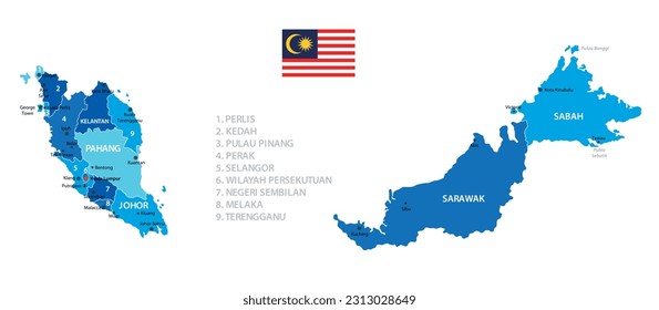 Malaysia highly detailed map. Vector blue illustration with borders, cities and national flag