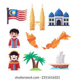 Malaysia icon set graphic man woman traditional clothes twin tower mosque map and flag