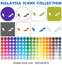 Malaysia icons collection. Bright colorful trendy map icons. Modern Malaysia badge with country map. Vector illustration.