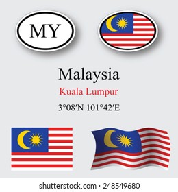 malaysia icons set against gray background, abstract vector art illustration, image contains transparency