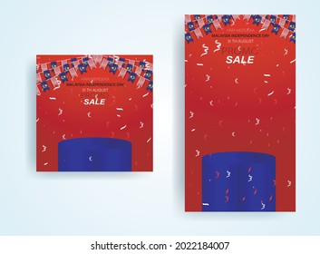 Malaysia indepedence day background. 31 August with podiums and flag confetti for sales promotion social media template, vector background
