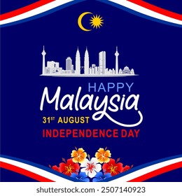 Malaysia Independence day 1957, Happy Independence day 2024, 31st August, 31 August, National Day, Independence Day, with flags, ribbons and hibiscus flowers vector illustration