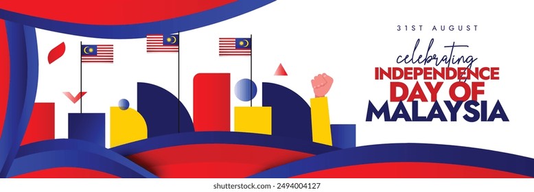 Malaysia Independence Day 31st August. Independence day of Malaysia cover banner with its flags, hand fists in air representing unity. 67 years of the country as it got freedom in 1957 from British.