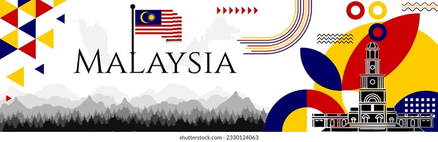 Malaysia Independence Day abstract banner design with flag and map. Flag color theme geometric pattern retro modern Illustration design. Red, Blue and Yellow flag color template.