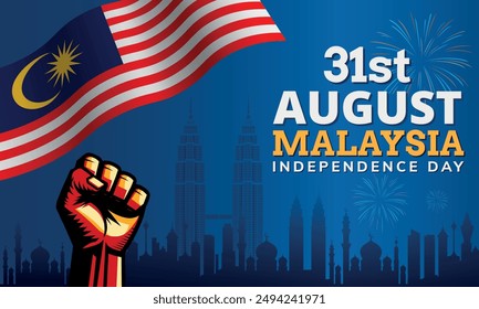 Malaysia independence day background with revolution hand and 3D wavy flag, kuala lumpur city skyline vector illustration