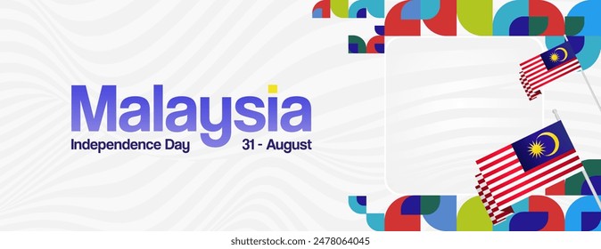 Malaysia Independence Day banner in modern geometric style. Wide banner with typography and also country flag. Background for National holiday celebration party. Happy Merdeka Day of Malaysia
