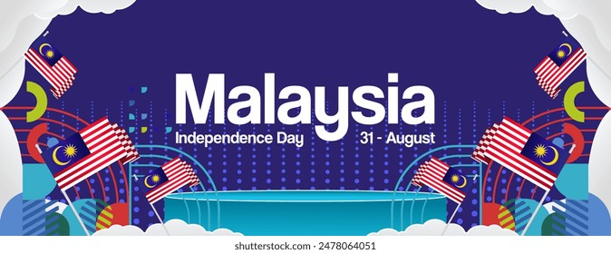 Malaysia Independence Day banner in modern geometric style. Wide banner with typography and also country flag. Background for National holiday celebration party. Happy Merdeka Day of Malaysia