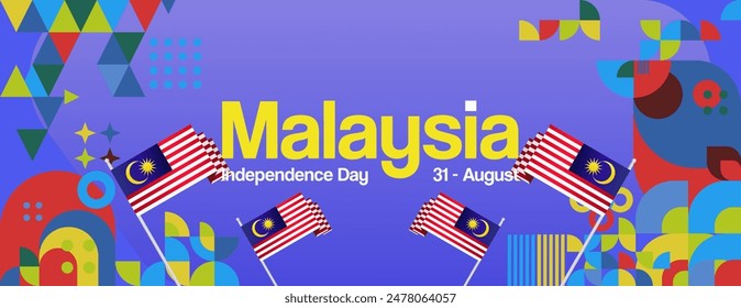Malaysia Independence Day banner in modern geometric style. Wide banner with typography and also country flag. Background for National holiday celebration party. Happy Merdeka Day of Malaysia