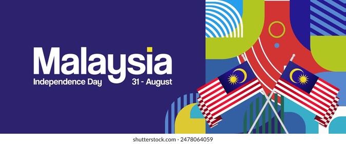 Malaysia Independence Day banner in modern geometric style. Wide banner with typography and also country flag. Background for National holiday celebration party. Happy Merdeka Day of Malaysia