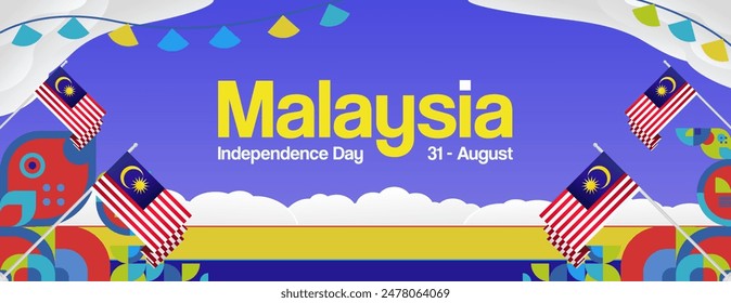 Malaysia Independence Day banner in modern geometric style. Wide banner with typography and also country flag. Background for National holiday celebration party. Happy Merdeka Day of Malaysia