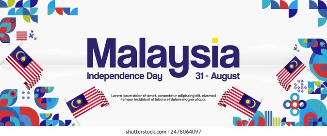 Malaysia Independence Day banner in modern geometric style. Wide banner with typography and also country flag. Background for National holiday celebration party. Happy Merdeka Day of Malaysia