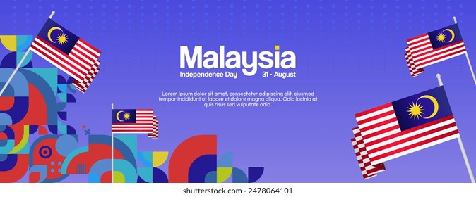 Malaysia Independence Day banner in modern geometric style. Wide banner with typography and also country flag. Background for National holiday celebration party. Happy Merdeka Day of Malaysia