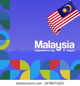 Malaysia Independence Day banner in modern geometric style. Square banner for website and poster with typography. Background for National holiday celebration. Happy Independence Day of Malaysia