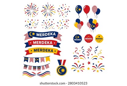 Malaysia Independence Day Celebration Elements Vector Set with Merdeka Ribbons, Fireworks, Balloons and Flag Decorations
Comprehensive Malaysia Independence Day celebration elements vector set featuring Merdeka ribbons, fireworks, balloons, confetti, medals, bunting flags, decorative waves, patriotic badges, and festive decorations in Malaysian national colors. Perfect for Merdeka Day posters, greeting cards, social media graphics, banners, flyers, event promotions, presentations, websites, and patriotic celebration designs.