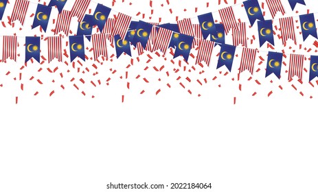 Malaysia independence Day celebration template banner, Malaysian flags garland white background with confetti, vector background