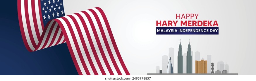 Malaysia independence day flag ribbon with cityscape banner vector