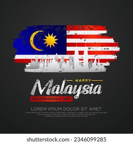 Malaysia independence day with grunge and splash effect on flag as a symbol of independence and silhouette city. vector illustration
