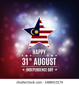 Malaysia Independence day, happy Hari Merdeka. Patriotic template for greeting card, flyer, party poster, banner. Malaysian themed star on top of colorful background of light effects.