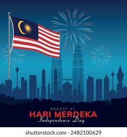 Día de la Independencia de Malasia, afiche de Hari Merdeka, horizonte de la ciudad, fuegos artificiales e ilustración de la bandera