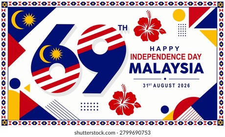 Malaysia Independence Day horizontal banner template. Features bold 69th typography with the national flag emblem, blooming red hibiscus flowers, and an intricate traditional cultural frame border.