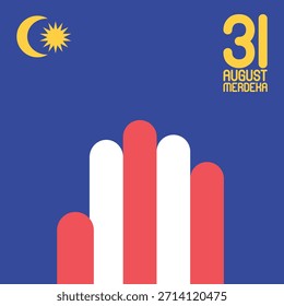 Malaysia independence day, merdeka or malaysia day vector graphics, a hand symbol in red and white with a blue background and yellow moon and star and text.