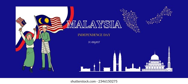Malaysia independence day poster with map and flag. Red theme 