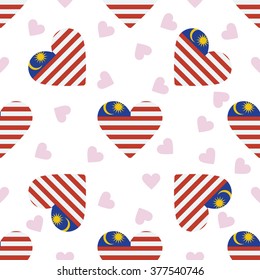 Malaysia independence day seamless pattern. Patriotic country flag background. Malaysia flag in the shape of heart. Vector seamless pattern.